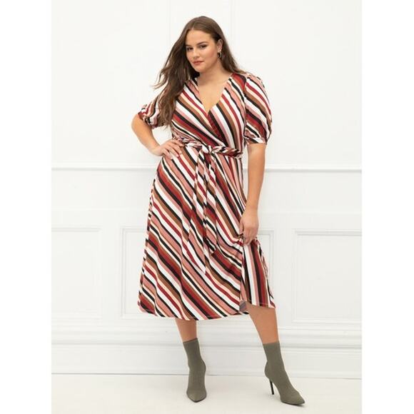 Eloquii Elements Womens Dress Sz 20 Plus Size Striped Midi Faux Wrap Tie Waist - Picture 1 of 8